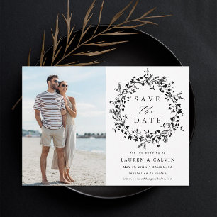 Black & White Elegant Wildflower Wedding Photo Save The Date
