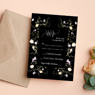 Black & White Elegant Wildflower Wedding RSVP Card
