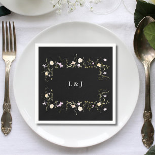 Black & White Elegant Wildflowers Floral Wedding Napkin