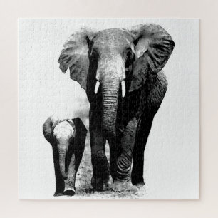 Black & White Elephant & Baby - Animals Art Jigsaw Puzzle