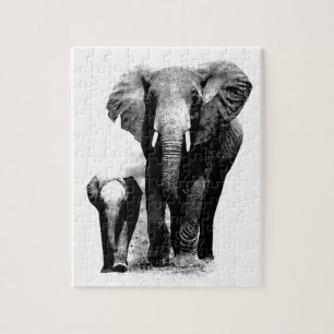 Black & White Elephant & Baby - Animals Art Jigsaw Puzzle