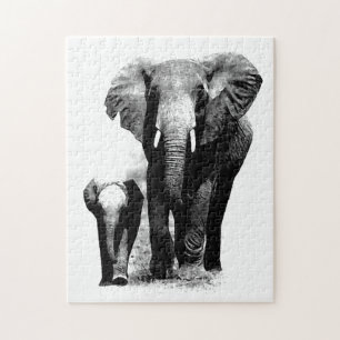 Black & White Elephant & Baby - Animals Art Jigsaw Puzzle