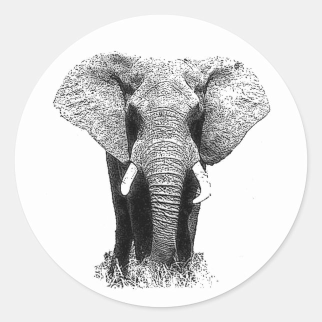 Black & White Elephant Classic Round Sticker (Front)