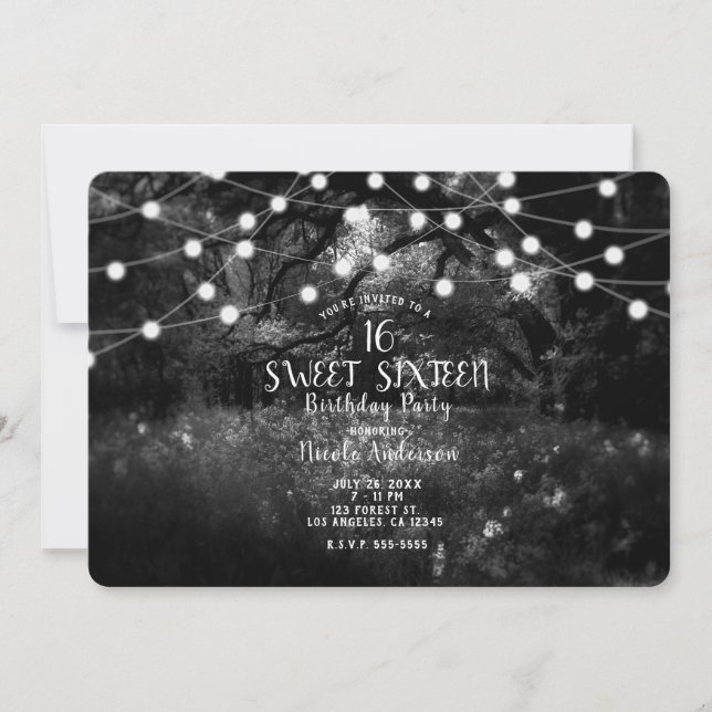 Black White Enchanted Forest Lights Sweet 16 Party Invitation (Front)