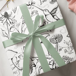 Black & White Enchanted Garden Hummingbird Floral Wrapping Paper