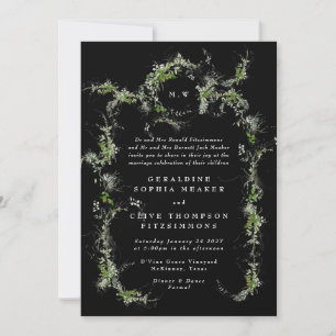 Black White Eucalyptus Wreath Monogram Wedding Invitation