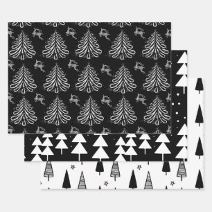 BLACK & WHITE EVERGREEN TREES PATTERN WRAPPING PAPER SHEET