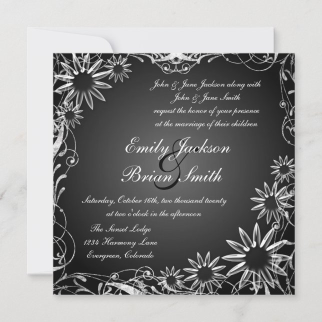 Black white fade daisy flower wedding invitations (Front)