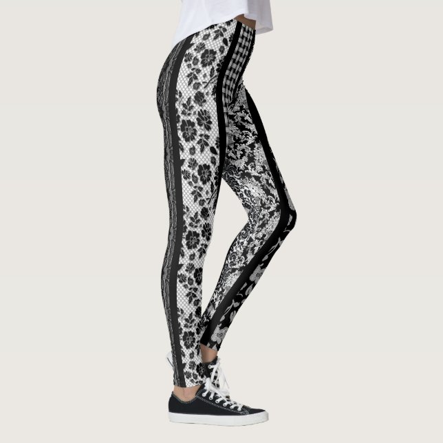 Black & White Fancy Patterns with stripes Leggings (Right)