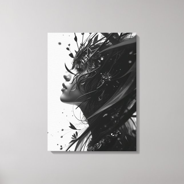 Black & White Fantasy Woman Portrait – Elegant Abs Canvas Print (Front)