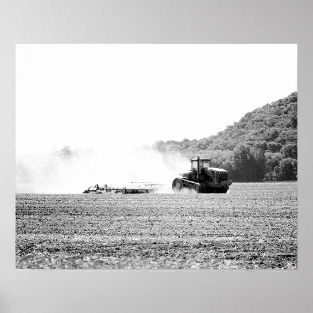 Black & White Farm Tractor Working in Field 16x20 Poster (Front)