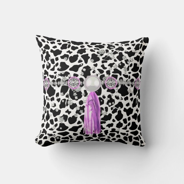 Black & White Faux Animal Print JewelsPurpleTassel Cushion (Front)