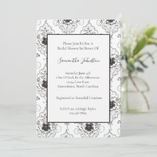 Black White Faux Lace Flowers Bridal Shower Invitation
