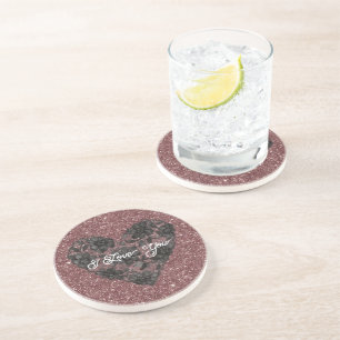 Black White Faux Lace Heart Floral  Coaster