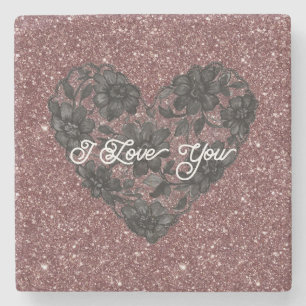 Black White Faux Lace Heart Floral  Stone Coaster