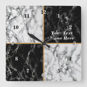 Black White Faux Marble Clock with Custom Text