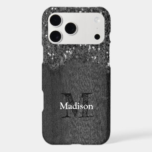 Black white faux sparkles rustic wood Monogram