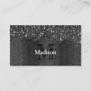 Black white faux sparkles rustic wood Monogram Business Card