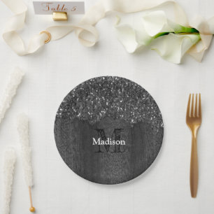 Black white faux sparkles rustic wood Monogram Paper Plate
