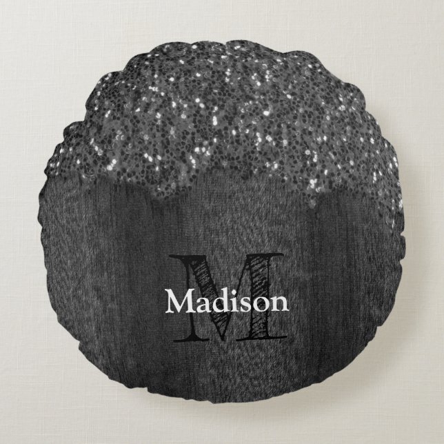 Black white faux sparkles rustic wood Monogram Round Cushion (Front)