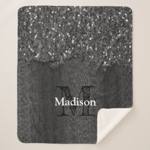 Black white faux sparkles rustic wood Monogram Sherpa Blanket