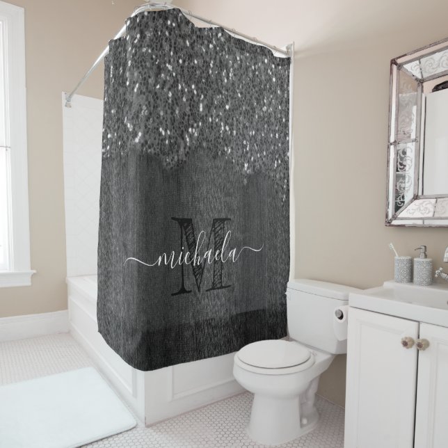 Black white faux sparkles rustic wood Monogram Shower Curtain (In Situ)