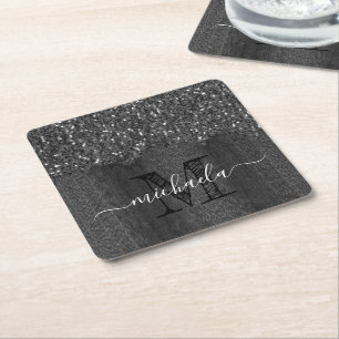 Black white faux sparkles rustic wood Monogram Square Paper Coaster