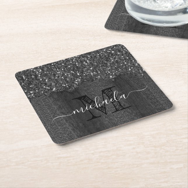 Black white faux sparkles rustic wood Monogram Square Paper Coaster (Angled)