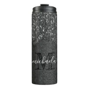 Black white faux sparkles rustic wood Monogram Thermal Tumbler