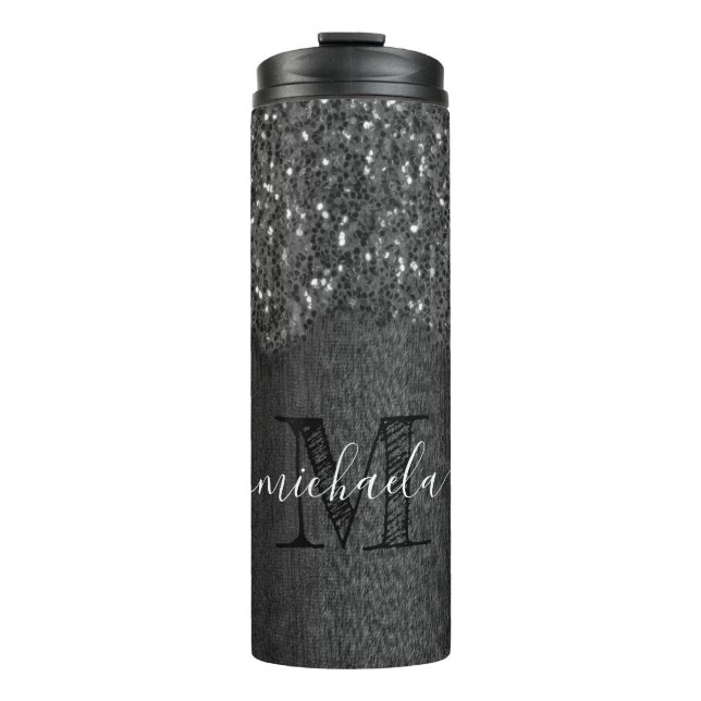 Black white faux sparkles rustic wood Monogram Thermal Tumbler (Front)