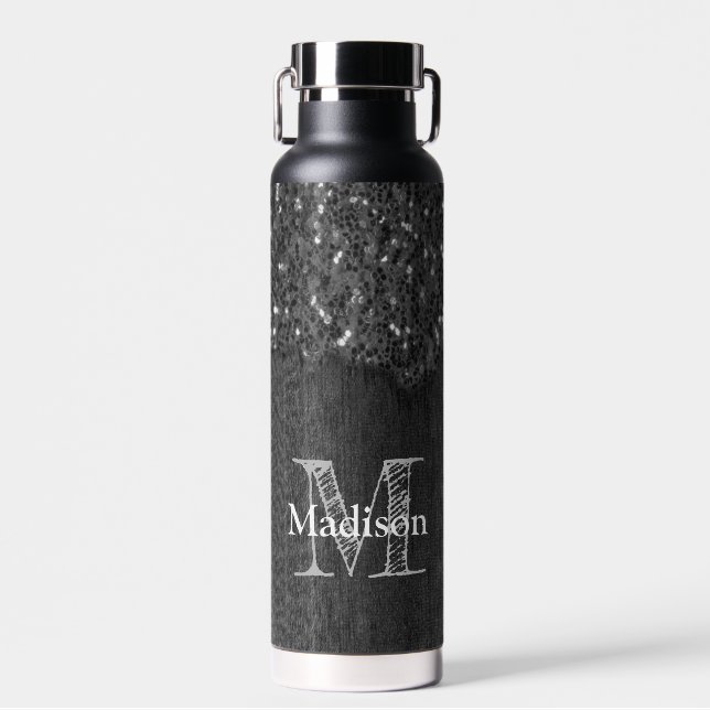 Black white faux sparkles rustic wood Monogram Water Bottle (Front)