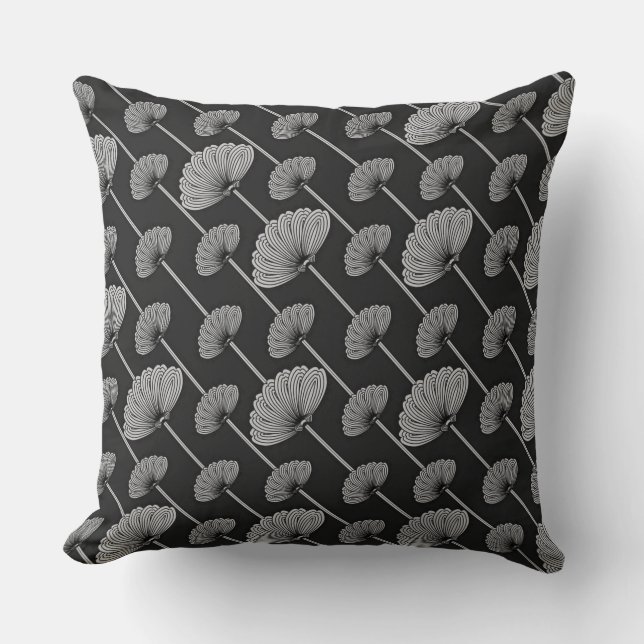 Black & White Feathered Floral Fans Pattern Pillow (Front)