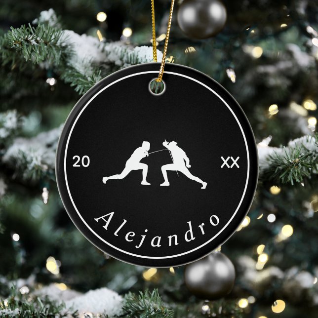 Black & White Fencing Silhouettes Name & Year Cool Ceramic Tree Decoration (Creator Uploaded)