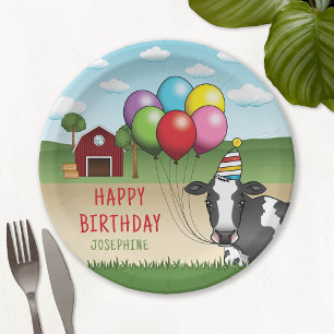 Black White Festive Cow Barnyard Kid's Birthday Paper Plate