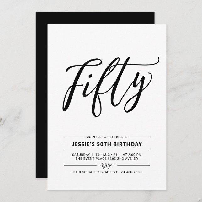 Black & White Fifty Minimal 50th Birthday Party Invitation (Front/Back)