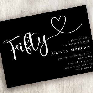 Black White Fifty Script 50th Birthday Invitation