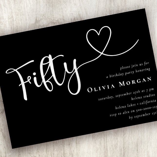 Black White Fifty Script 50th Birthday Invitation (Creator Uploaded)