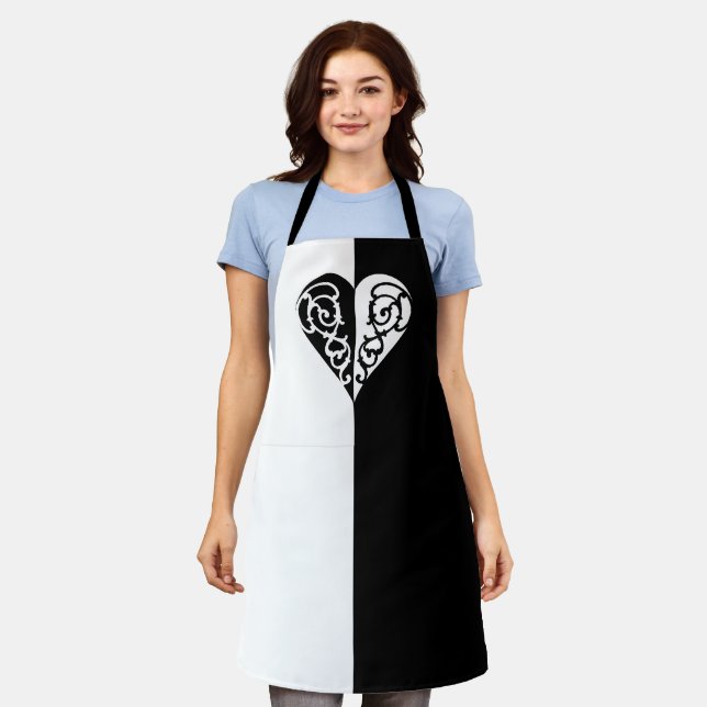 Black &White Filigree Heart Apron (Worn)