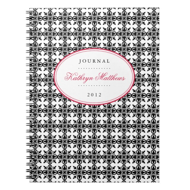 Black white filigree pattern red oval journal (Front)