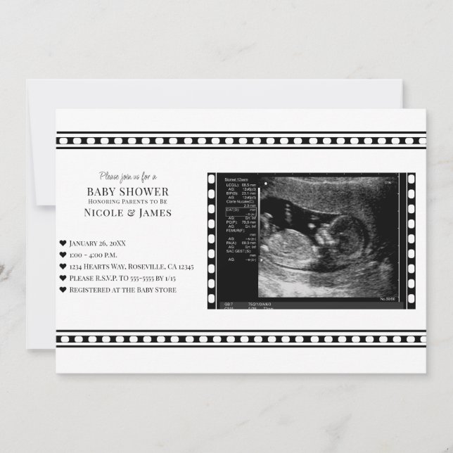 Black & White Film Ultrasound Photo Baby Shower Invitation (Front)