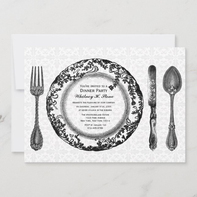 Black White Fine Dining Dinner Party Invitation (Front)