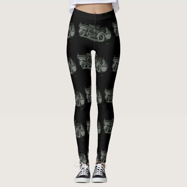 black white firetruck drawing inverse leggings (Front)