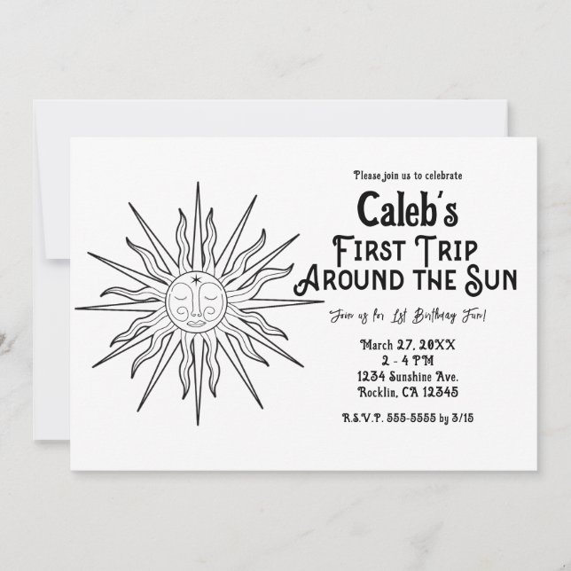Black & White First Trip Around Sun 1st Birthday  Invitation (Front)