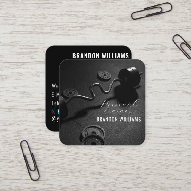 Black White Fitness Personal Trainer Influencer Square Business Card (Front/Back In Situ)