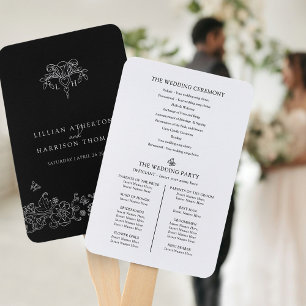 Black white fleur de lis art wedding program hand fan