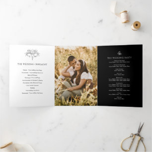 Black white fleur de lis custom photo wedding Tri-Fold programme