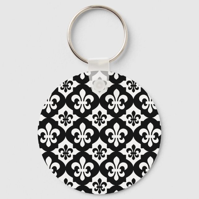 Black White Fleur De Lis Pattern Key Ring (Front)