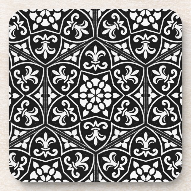 Black&white fleur de lis vertical floral pattern coaster (Front)