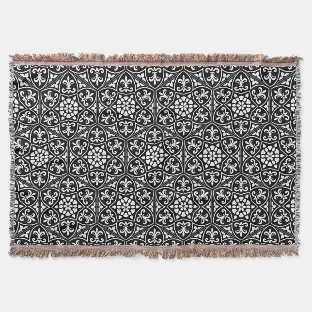 Black&white fleur de lis vertical floral pattern throw blanket (Front)