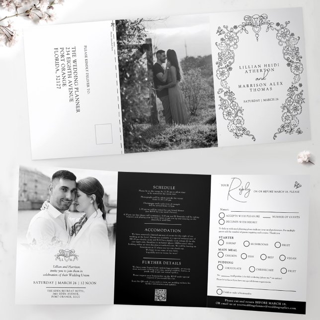 Black white fleur de lis wedding meal option RSVP Tri-Fold Invitation (Creator Uploaded)
